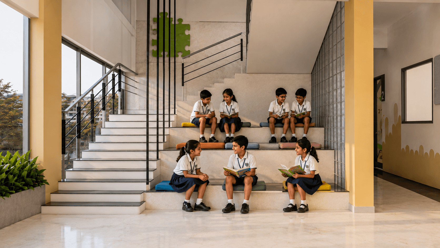 Students on the school staircase